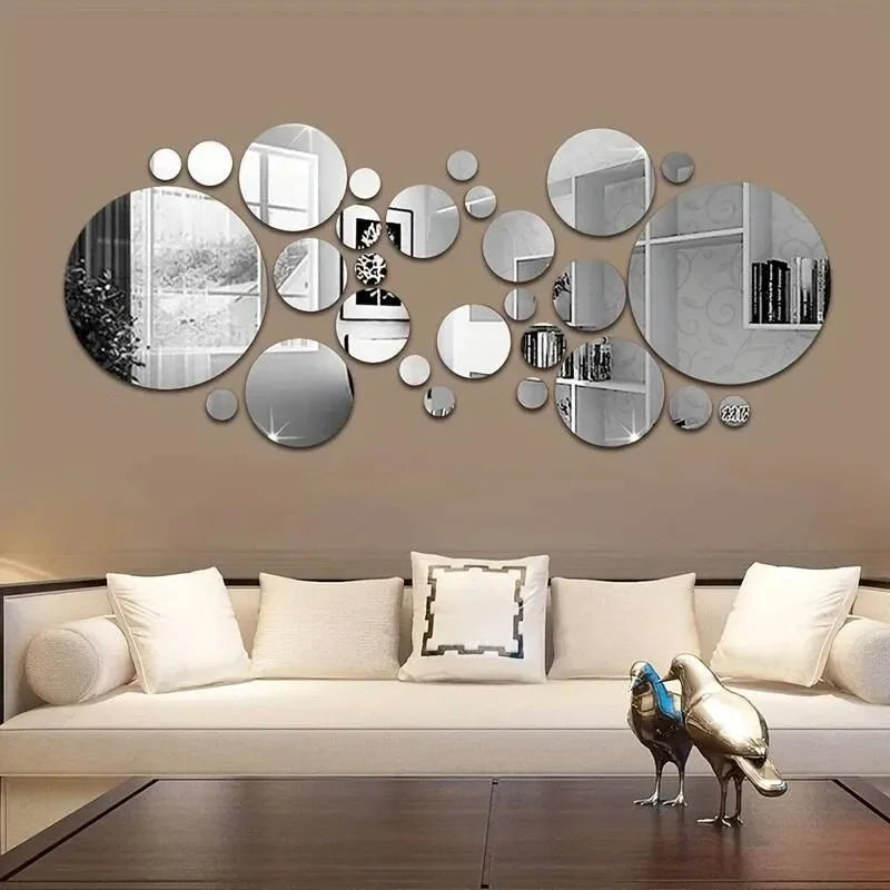 Lot de 26 autocollants muraux ronds 3D en acrylique miroir, décorés sur un mur moderne avec effet lumineux - Décoration intérieure