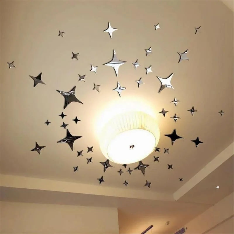 Lot de 50 autocollants muraux étoiles 3D effet miroir posés en décoration moderne sur mur de salon, ambiance lumineuse et chic  Décoration intérieure