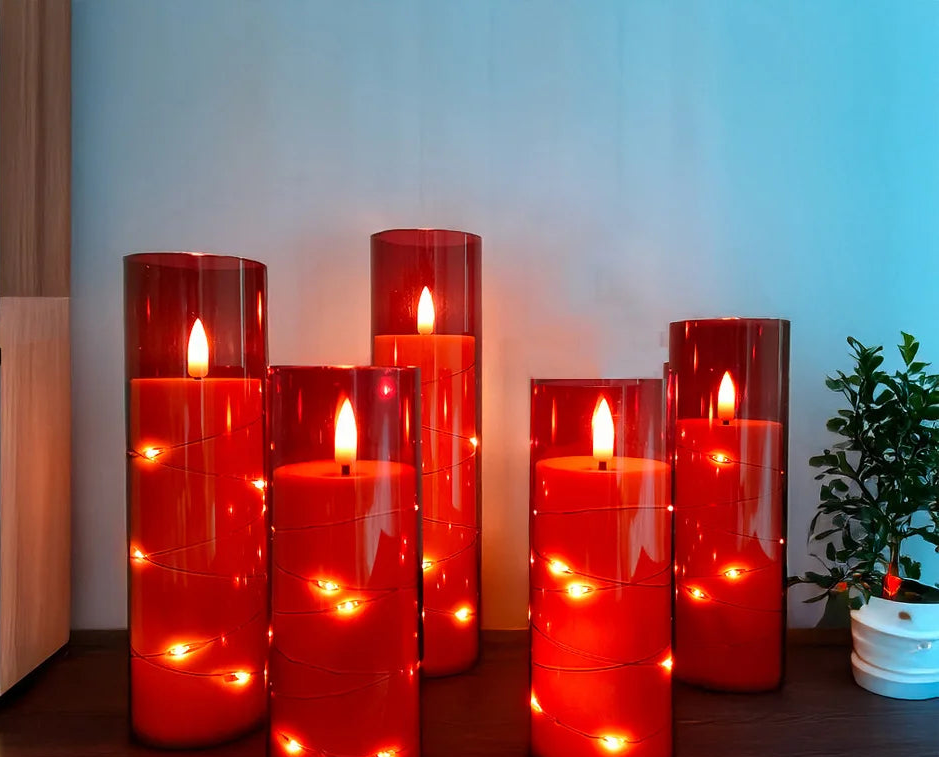 Lot de 5 bougies LED rouges sans flamme avec batterie incluse, décoration romantique et festive pour mariage et maison. Décoration intérieure