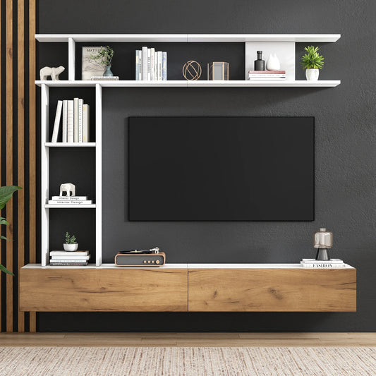 Meuble TV design contemporain avec panneau TV et étagères. Décoration intérieure.

