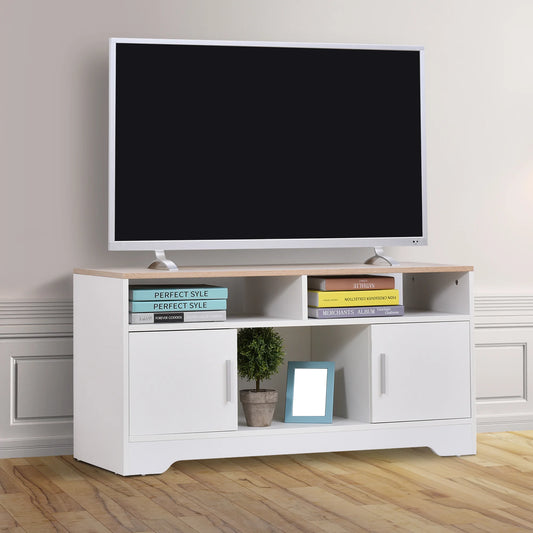 Meuble TV moderne pour téléviseurs jusqu’à 65 pouces avec surface, compartiments ouverts et tiroirs fermés. Décoration intérieure
