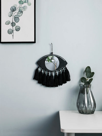 Miroir décoratif en macramé noir fait main, style bohème avec pompons, protection anti-mauvais œil pour décoration murale intérieure - Décoration intérieure