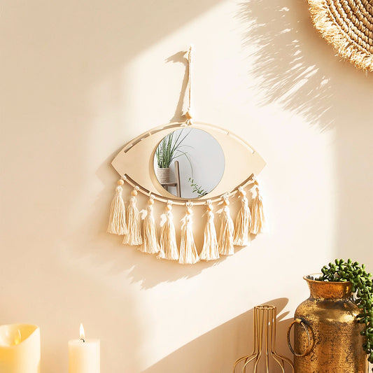 Miroir décoratif mural bohème en macramé avec œil maléfique, pompons et encadrement bois naturel, pour salon ou chambre - Décoration intérieure