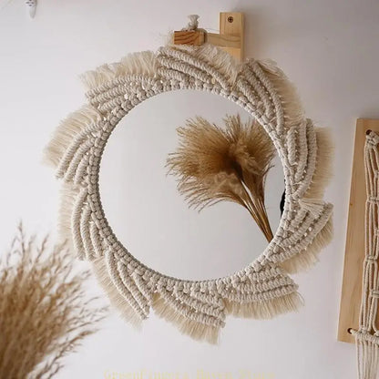 Miroir décoratif rond suspendu en macramé bohème nordique avec franges et pompons tissés à la main - Décoration intérieure