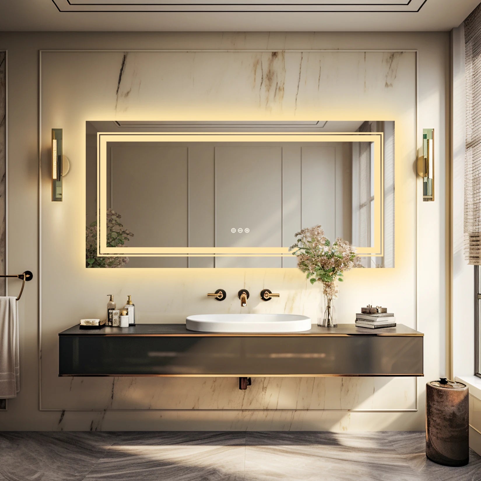 Miroir mural LED 42×20 pouces avec éclairage frontal 3 couleurs, rétroéclairage à mémoire, antibuée et intensité réglable - Décoration intérieure