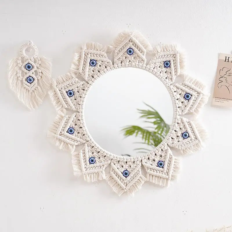 Miroir mural bohème rond en macramé tissé à la main, décoration artisanale en coton naturel - Décoration intérieure