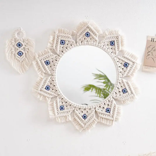 Miroir mural bohème rond en macramé tissé à la main, décoration artisanale en coton naturel - Décoration intérieure