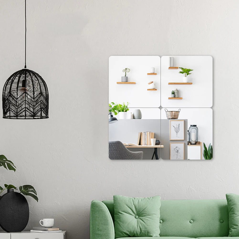 Miroir mural carré de 20×20 cm en acrylique souple argenté, collé sur une surface lisse dans une salle de bain moderne - Décoration intérieure