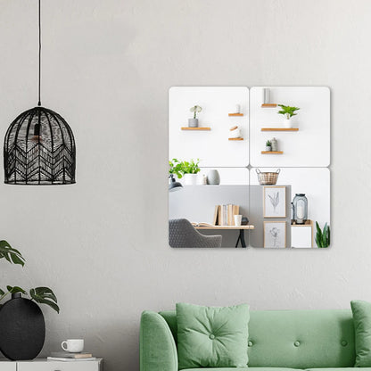 Miroir mural carré de 20×20 cm en acrylique souple argenté, collé sur une surface lisse dans une salle de bain moderne - Décoration intérieure