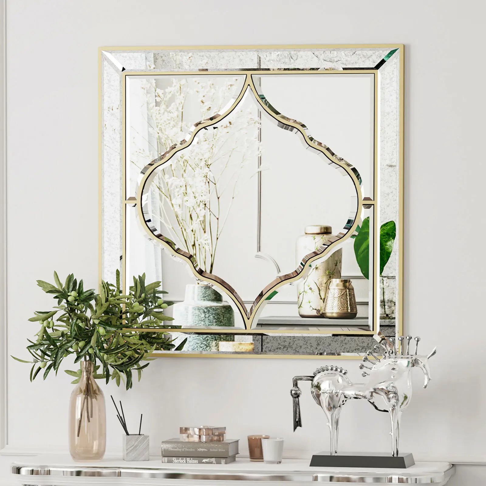 Miroir mural carré moderne 60 x 60 cm  avec cadre doré, idéal pour salon, salle à manger, chambre ou salle de bain - Décoration intérieure