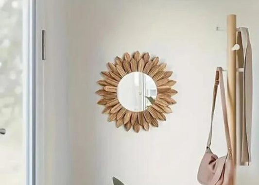 Miroir mural décoratif en bois en forme de tournesol, style naturel et vintage, parfait pour embellir entrée, chambre ou salon - Décoration intérieure