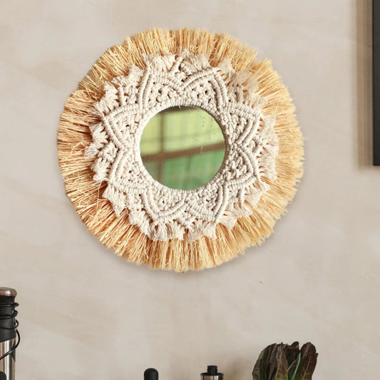 Miroir mural décoratif en macramé fait main, style bohème chic avec franges en coton naturel - Décoration intérieure