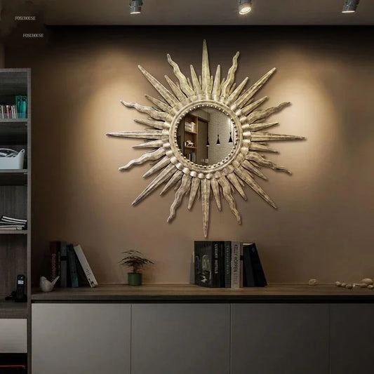 Miroir mural en fer doré avec design soleil, style vintage américain pour décoration intérieure - Décoration intérieure