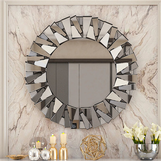 Miroir mural rond Sunburst en verre biseauté argenté 800 mm, accroché dans une salle de bain moderne avec reflets lumineux et ambiance élégante - Décoration intérieure