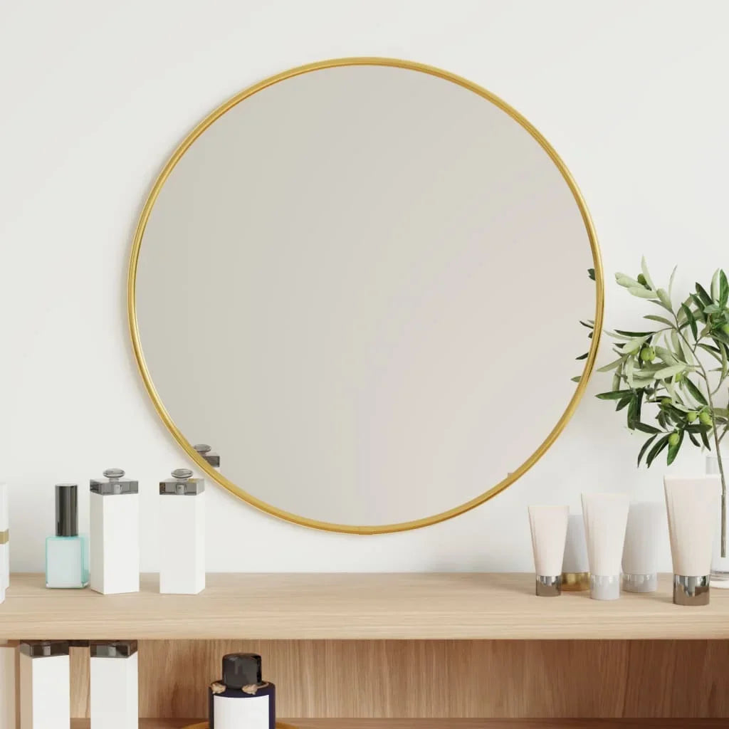 Miroir mural rond avec cadre doré de 40 cm, accroché dans un salon lumineux aux tons neutres, apportant élégance et profondeur à l’espace - Décoration intérieure