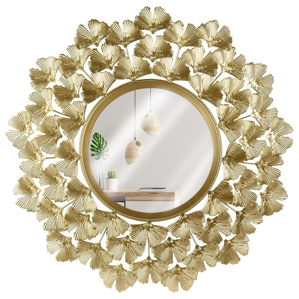 Miroir mural rond doré avec décor feuilles de ginkgo, accroché dans un intérieur moderne - Décoration intérieure