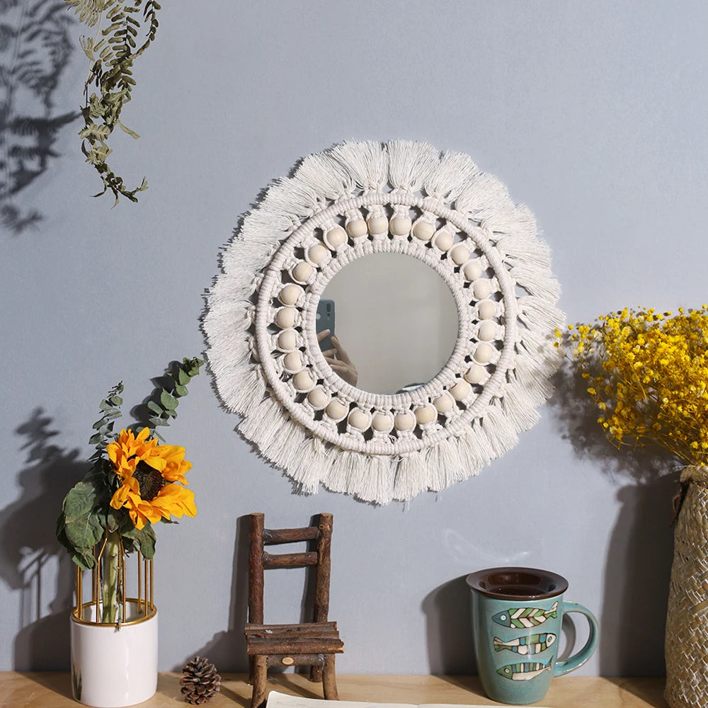 Miroir mural rond en macramé tissé à la main, décoration bohème pour salon, chambre ou chambre d’enfant - Décoration intérieure