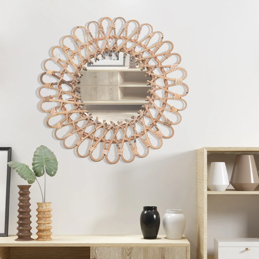 Miroir mural rond en osier et rotin, suspendu sur un mur blanc dans une chambre à la décoration nordique et naturelle - Décoration intérieure