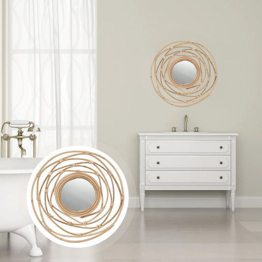 Miroir rond en osier tressé accroché au mur d’un salon boho, ajoutant une touche naturelle et chaleureuse à la décoration intérieure - Décoration intérieure
