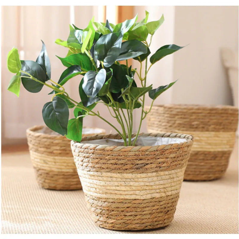 Panier de fleurs en paille tissé style nordique pour déco naturelle