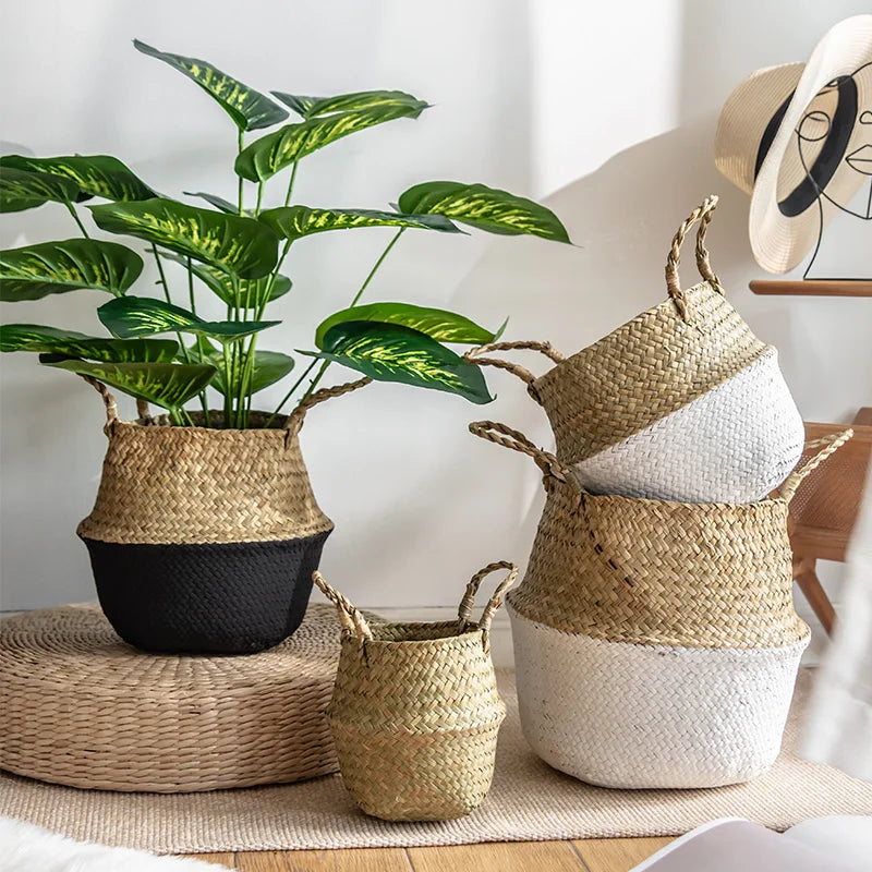 Panier en jonc de mer tissé style nordique, pot de fleurs pliable et déco naturelle pour plantes d’intérieur - Décoration intérieure