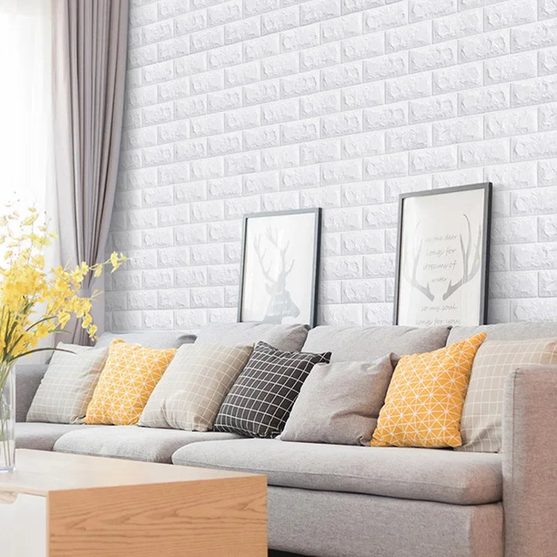 Panneaux muraux autocollants blanc en mousse 3D installés sur mur de salon ou derrière télévision, revêtement imperméable et décoratif à relief moderne - Décoration intérieure