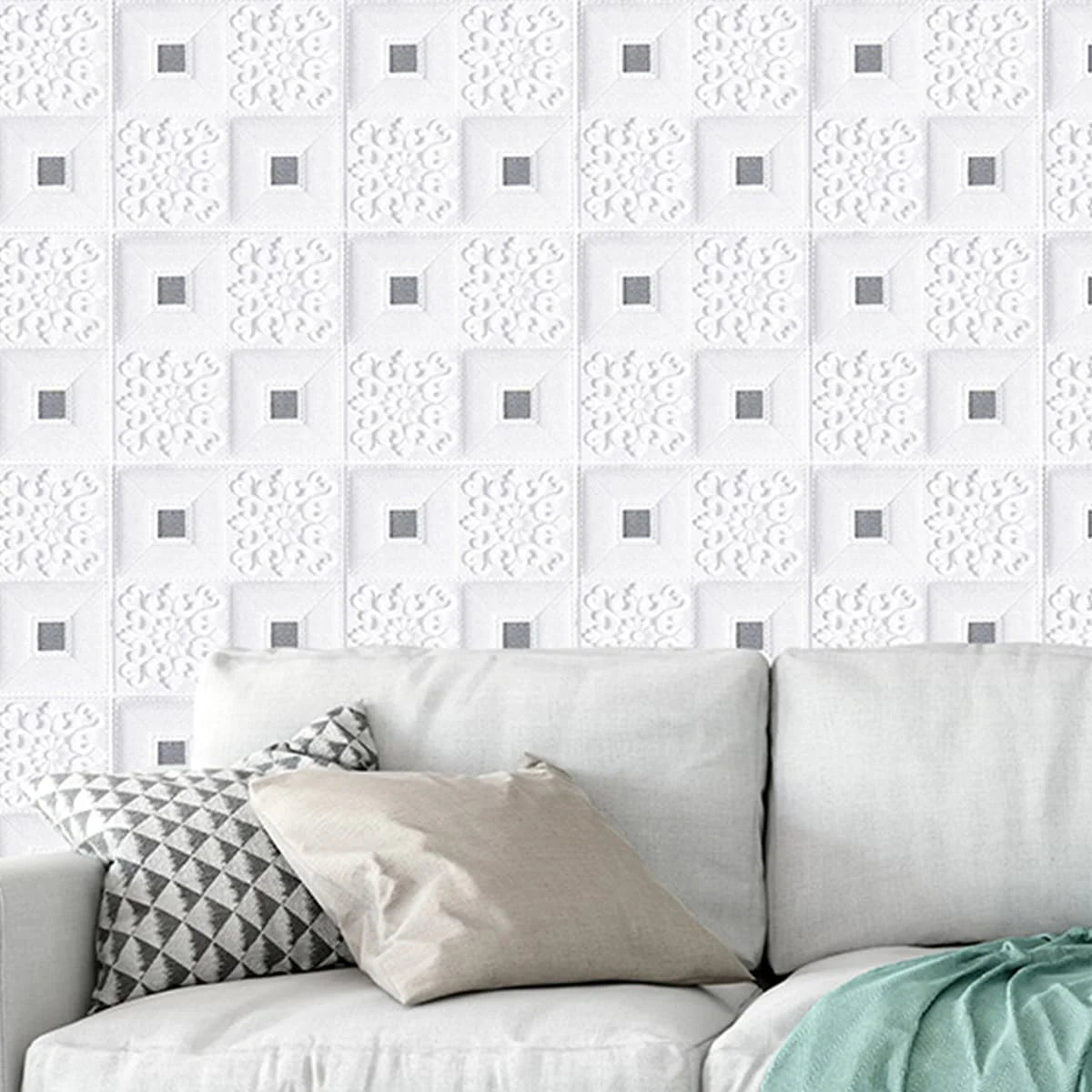 Papier peint mural en mousse 3D motif brique 70×100 cm posé au plafond d’une chambre, effet relief chaleureux et moderne - Décoration intérieure