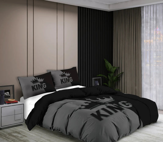 Parure de lit KING & QUEEN – Housse de couette noire et grise avec taies, style royal et moderne. Décoration Intérieure.