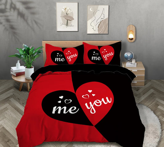 Parure de lit ME & YOU rouge et noir – Housse de couette et taies – Style romantique Queen King Double