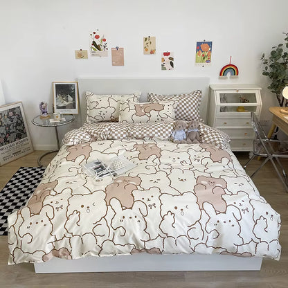 Parure de lit Ours Kawaii avec housse de couette florale, taies d’oreiller assorties, style japonais mignon . Décoration Intérieure