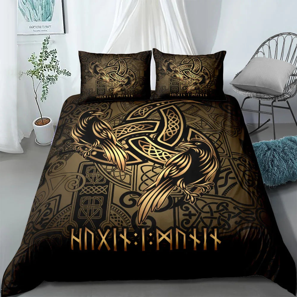 Parure de lit Vigvisir avec motif Viking et constellations, housse de couette ethnique, taies d’oreiller assorties, chambre style nordique. Décoration Intérieure