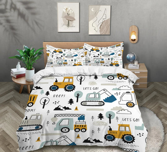 Parure de lit  avec motifs voiture et camion – housse de couette et taies – déco ludique et mécanique