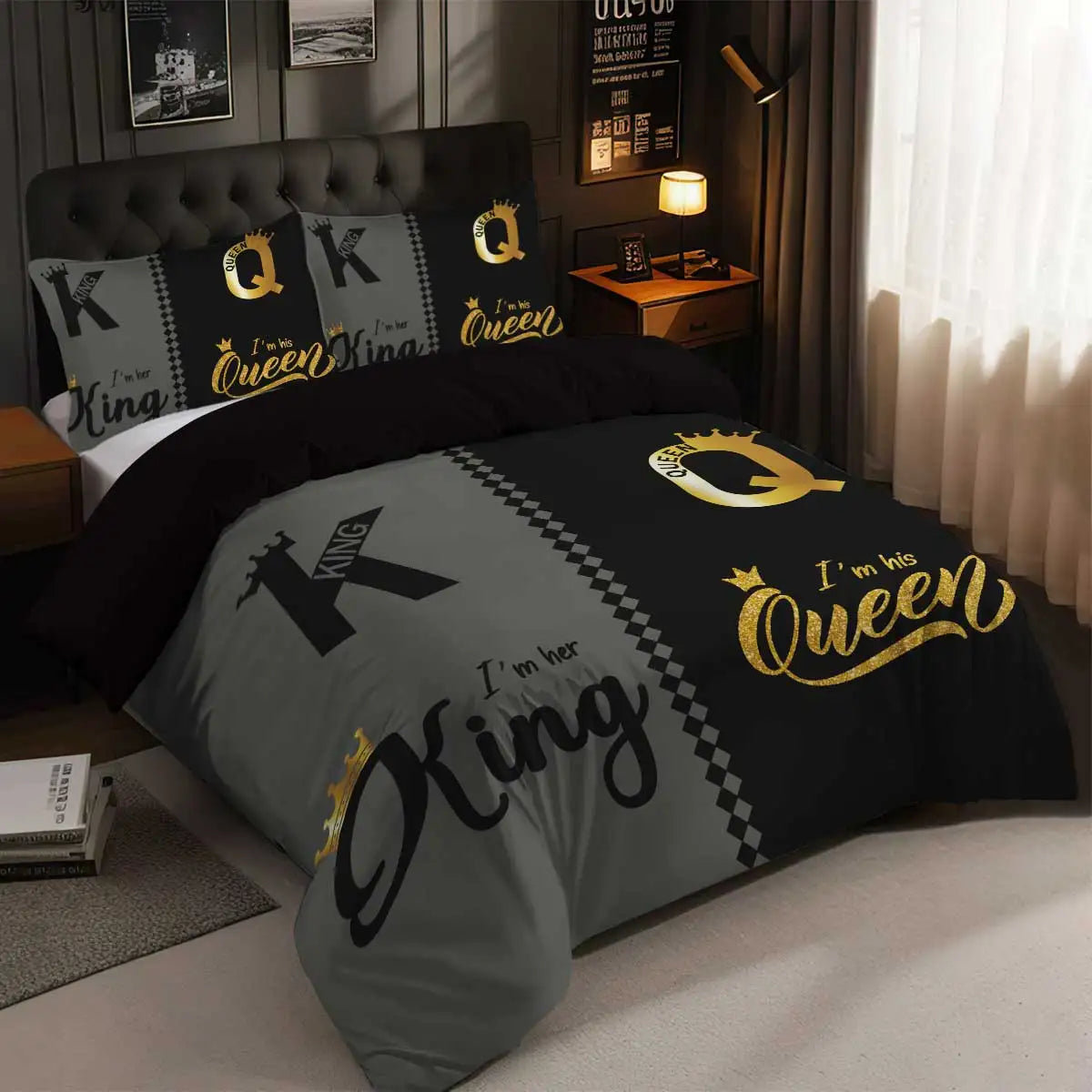Parure de lit design K&Q noir et gris, housse de couette et taies ultra douces, style moderne et respirant pour chambre adulte. Décoration intérieure