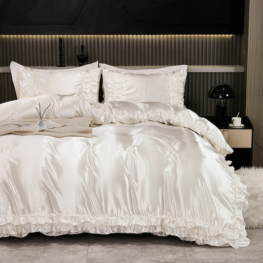 Parure de lit en satin – Ensemble 3 pièces avec volants, housse de couette et taies soyeuses. Décoration intérieure