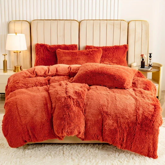 Parure de lit en velours et fausse fourrure – Ensemble 3 pièces couleur unie, housse de couette et taies douces et chaudes. Décoration intérieure.