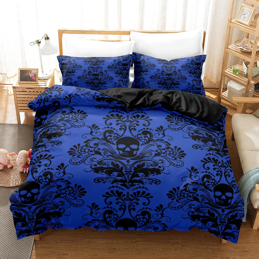 Parure de lit gothique à motif crâne, housse de couette et taies d’oreiller assorties, style sombre et élégant pour chambre adulte Queen ou King Size. Décoration Intérieure