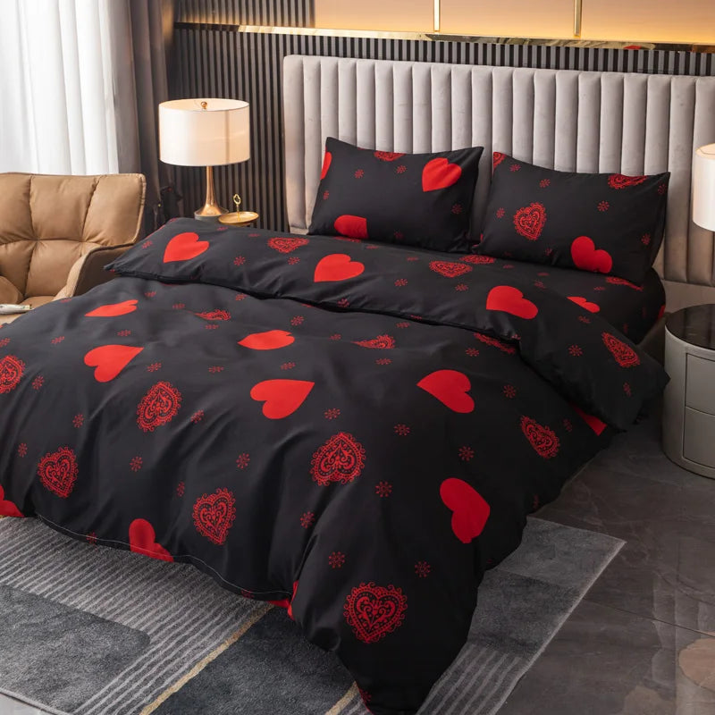 Parure de lit imprimée Love taille Queen, housse de couette et taies colorées, tissu doux et respectueux de la peau pour chambre romantique. Décoration intérieure