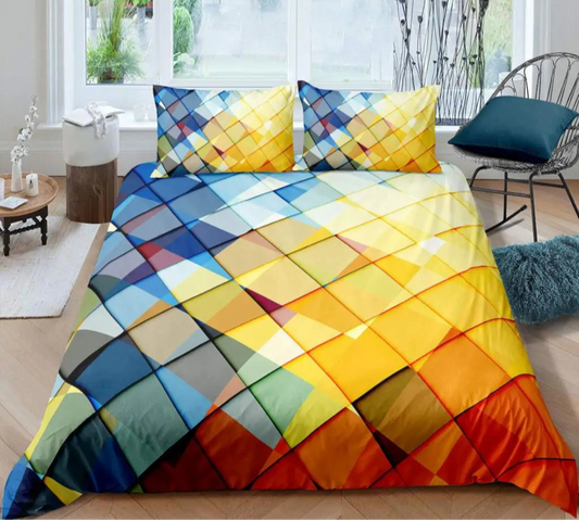 Parure de lit à motifs géométriques vifs – housse de couette et taie – style graphique et contemporain. Décoration intérieure.
