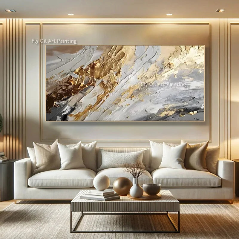 Peinture abstraite dorée et blanche au couteau – toile minimaliste avec feuille d’or – art mural peint à la main - Décoration intérieure