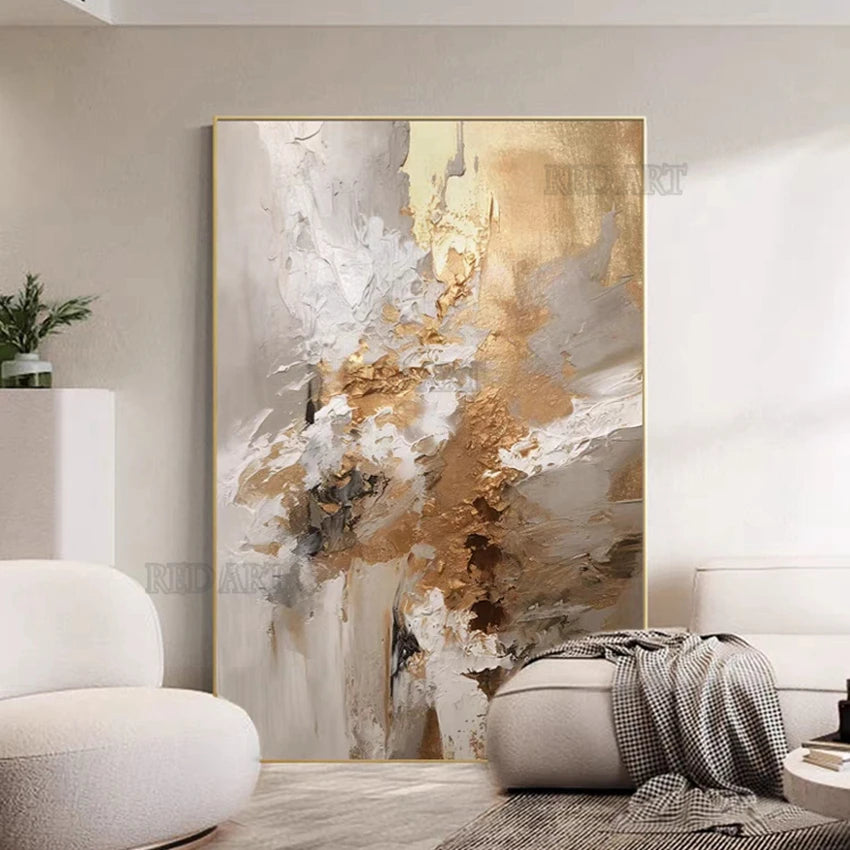 Peinture abstraite dorée à l’huile sur toile, faite à la main, décoration murale moderne pour chambre à coucher, sans cadre- Décoration intérieure