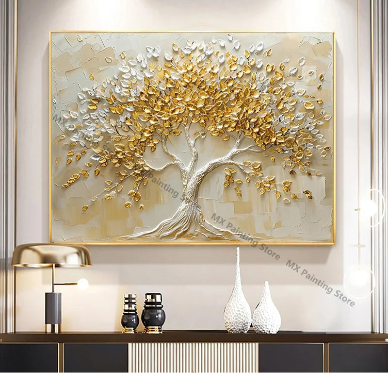 Peinture à l’huile abstraite d’un arbre doré texturé – toile artistique sans cadre pour décoration murale moderne de salon - Décoration intérieure


