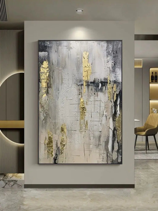 Peinture à l’huile acrylique faite main avec texture feuille d’or – toile artistique haut de gamme pour décoration murale de salon - Décoration intérieure