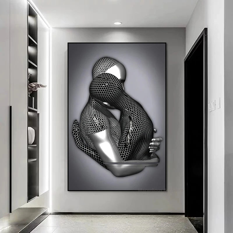 Peinture murale moderne en métal et toile représentant un couple romantique nordique, décoration élégante pour salon ou bureau - Décoration intérieure