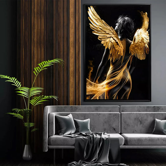 Peinture sur toile graffiti doré avec femme abstraite et ailes d’ange – art mural noir et or pour décoration intérieure moderne et luxueuse - Décoration intérieure