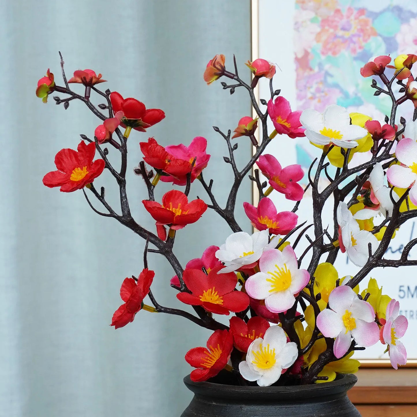 Plante artificielle prunier Sakura de 30 cm avec fleurs roses, décoration florale d’intérieur zen japonaise