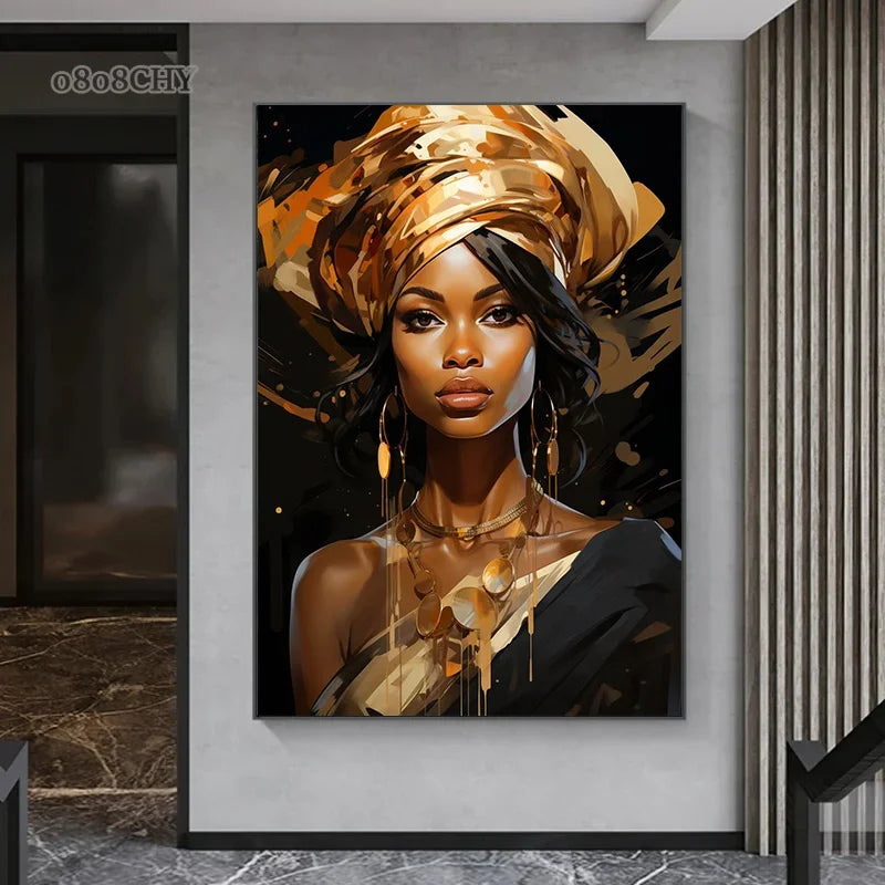 Portrait abstrait de femme africaine dorée et noire sur toile, affiche murale de luxe pour décoration intérieure moderne - Décoration intérieure