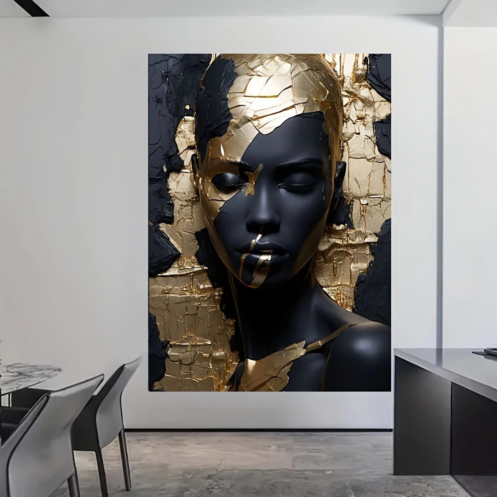 Portrait abstrait noir et or imprimé – Affiche murale moderne pour décoration intérieure élégante - Décoration intérieure