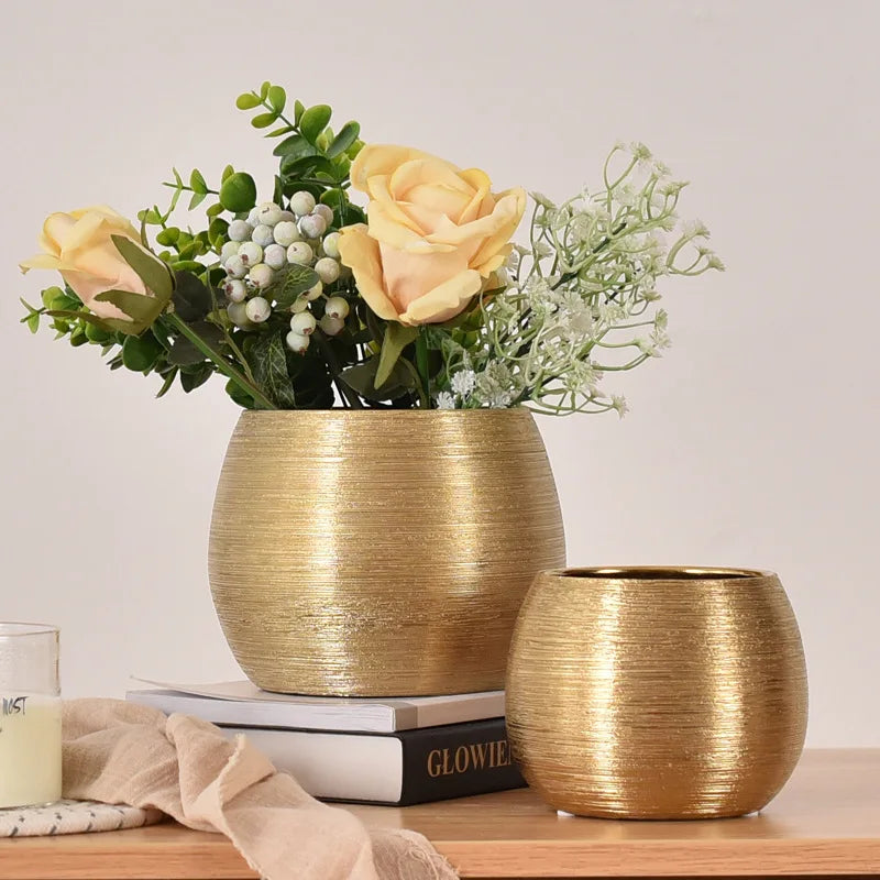 Pot de fleurs rond en céramique doré brossé, idéal pour plantes succulentes charnues - Décoration intérieure
