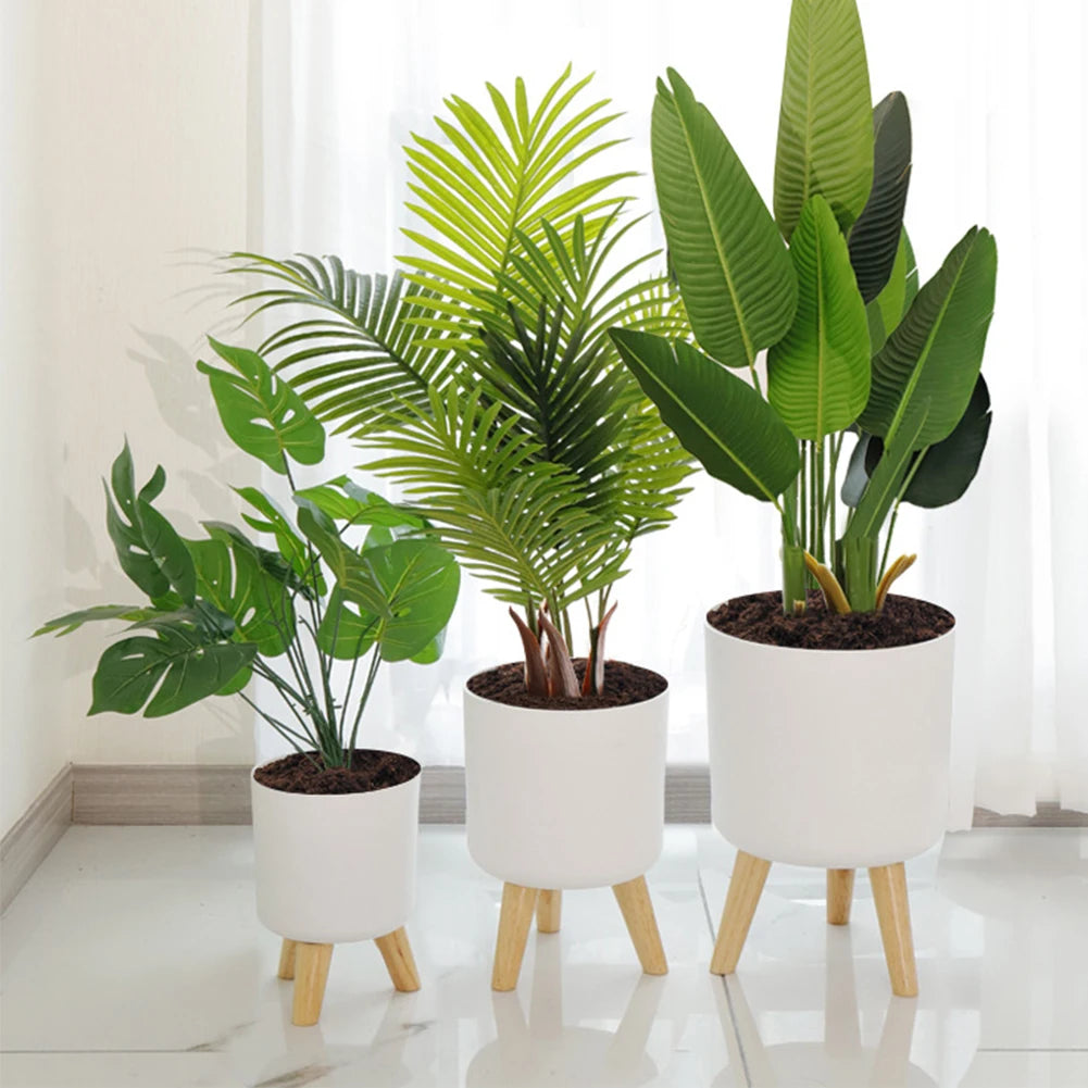 Pot rond avec pieds en bois et arrosage automatique, idéal pour bonsaïs et décoration intérieure moderne - Décoration intérieure