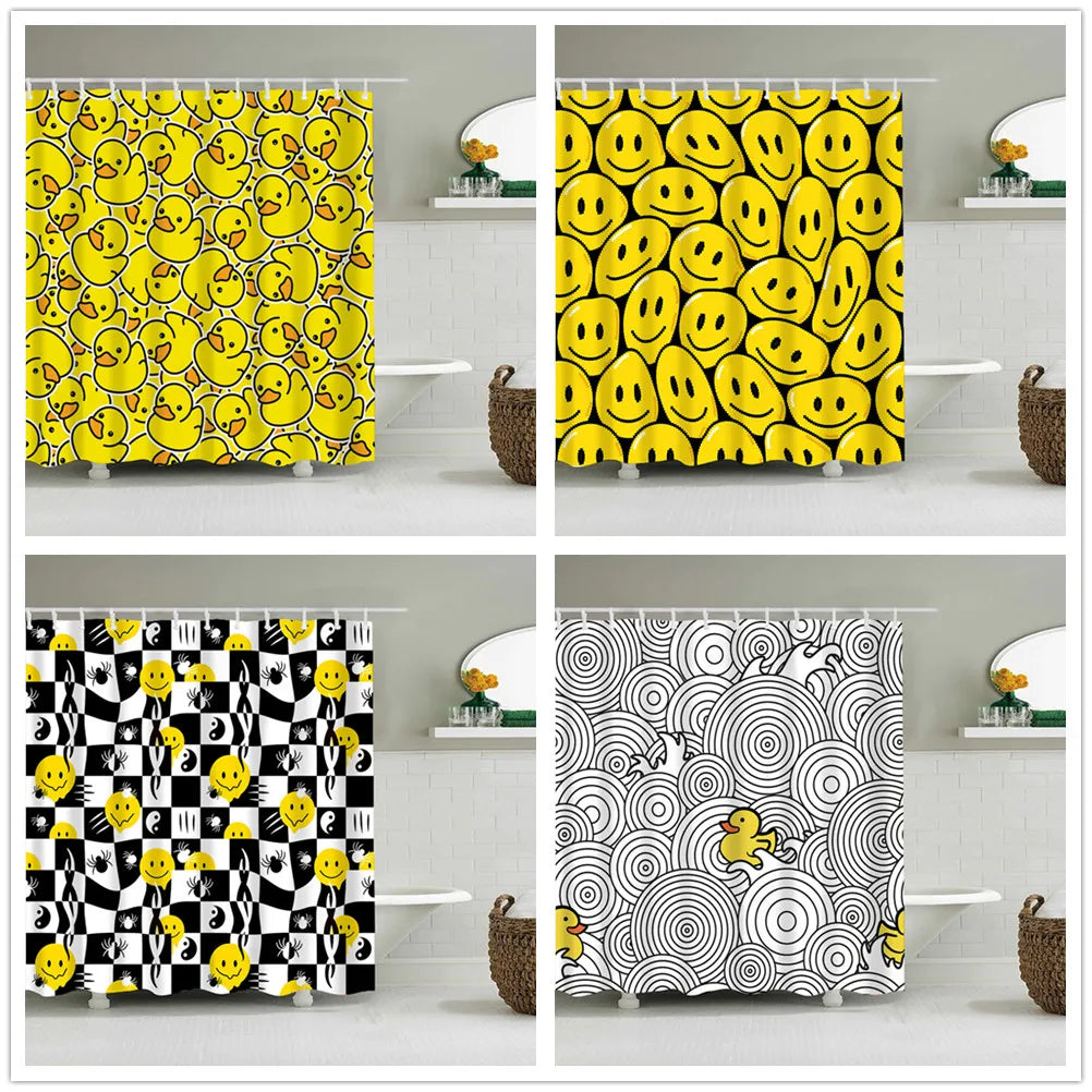Rideau de douche imperméable avec motif canard jaune et smiley – 12 crochets inclus, décoration fun pour salle de bain - Décoration intérieur